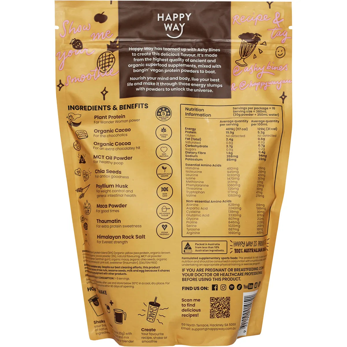 HAPPY WAY Ashy Bines Vegan Protein Powder Choc Caramel 500g - Cutprice Online