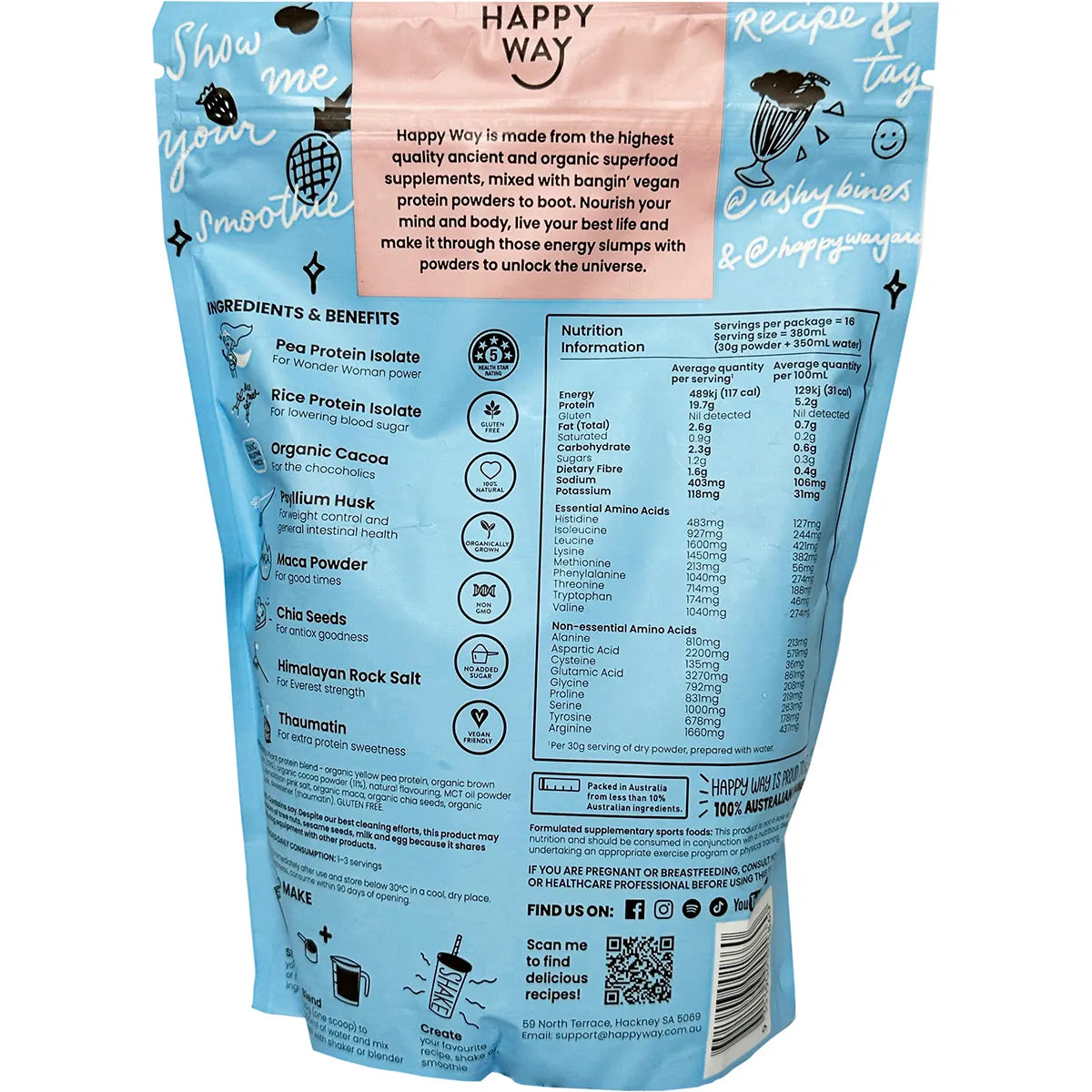 HAPPY WAY Ashy Bines Vegan Protein Powder Choc Coconut 500g - Cutprice Online