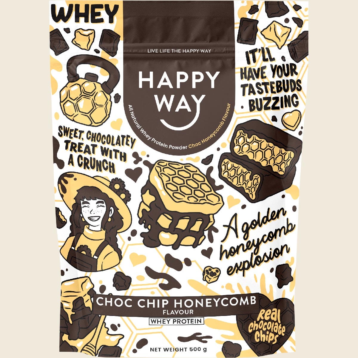 Happy Way Whey Protein Powder Choc Chip Honeycomb 500g