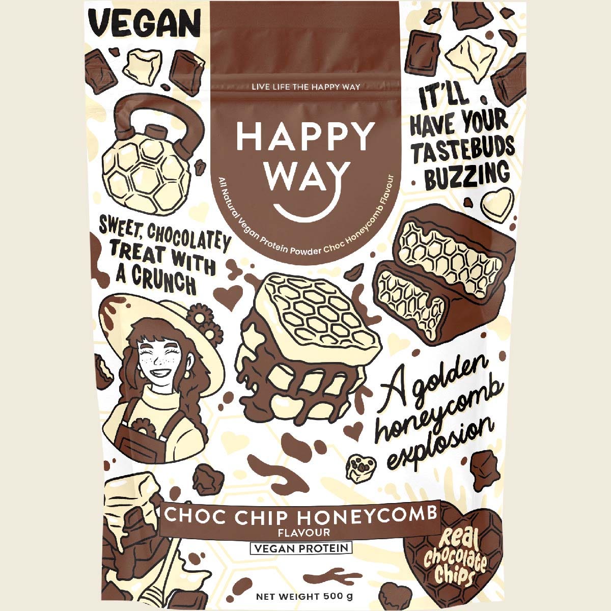 Happy Way Vegan Protein Powder Choc Chip Honeycomb 500g