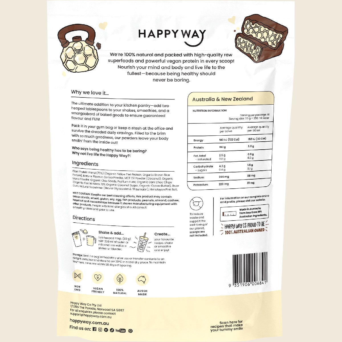 Happy Way Vegan Protein Powder Choc Chip Honeycomb 500g