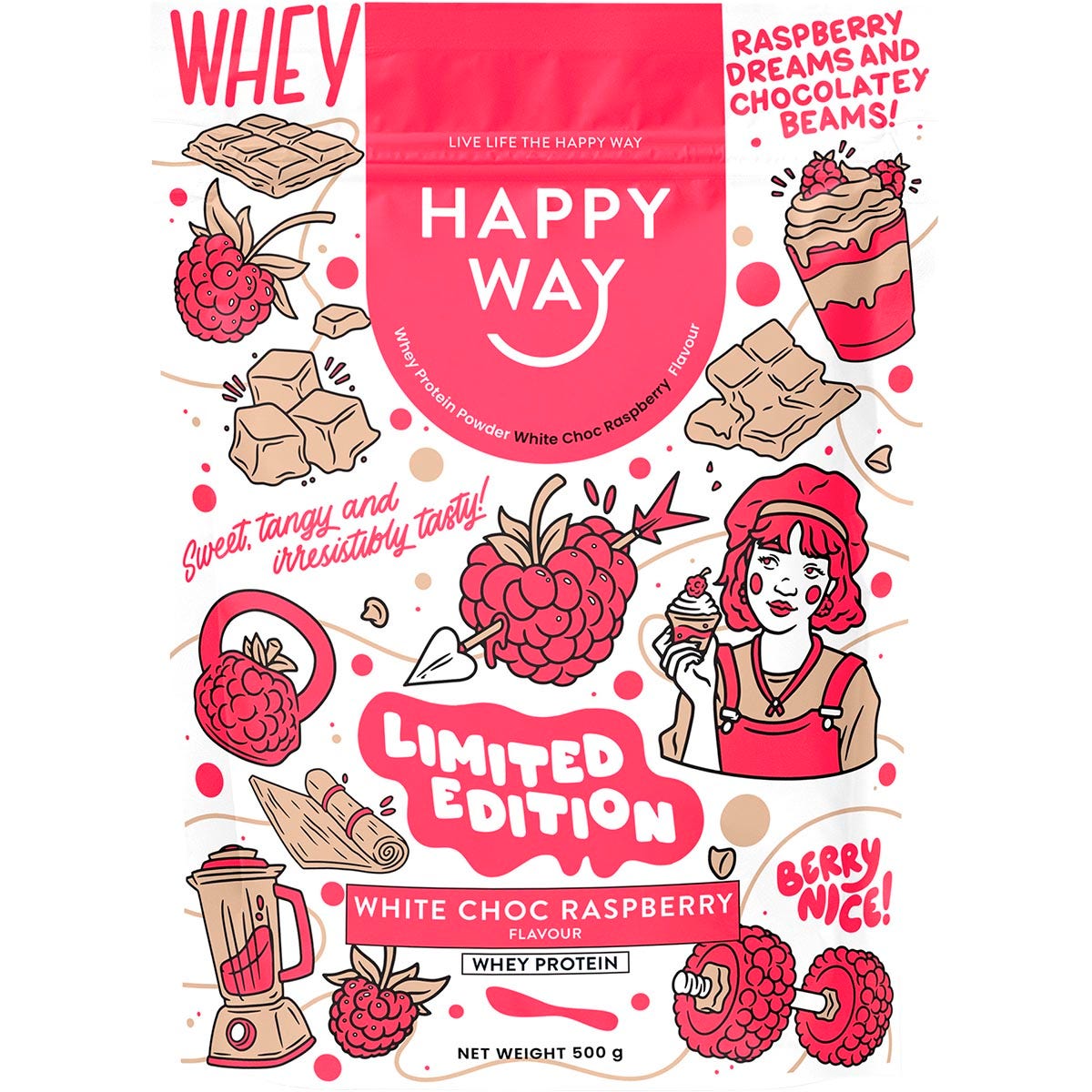 Happy Way Whey Protein Powder White Choc Raspberry 500g - Cutprice Online