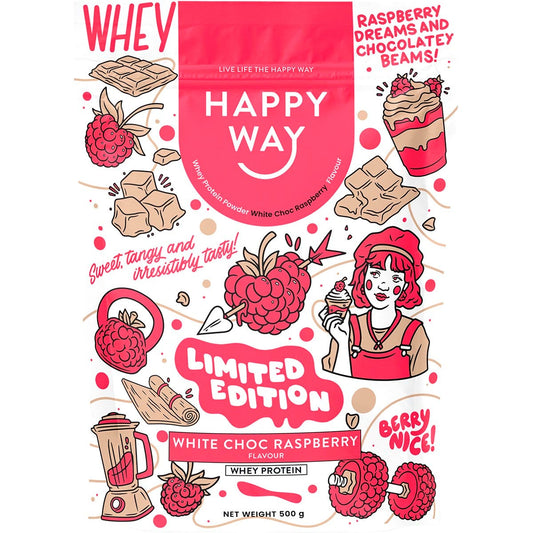 Happy Way Whey Protein Powder White Choc Raspberry 500g - Cutprice Online