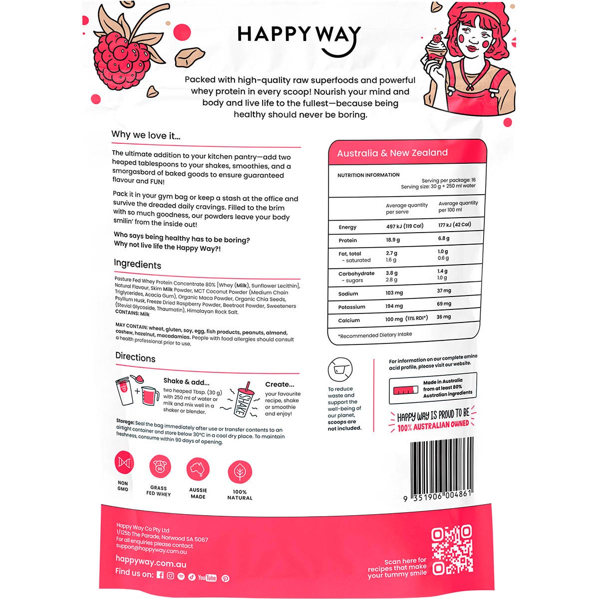 Happy Way Whey Protein Powder White Choc Raspberry 500g - Cutprice Online