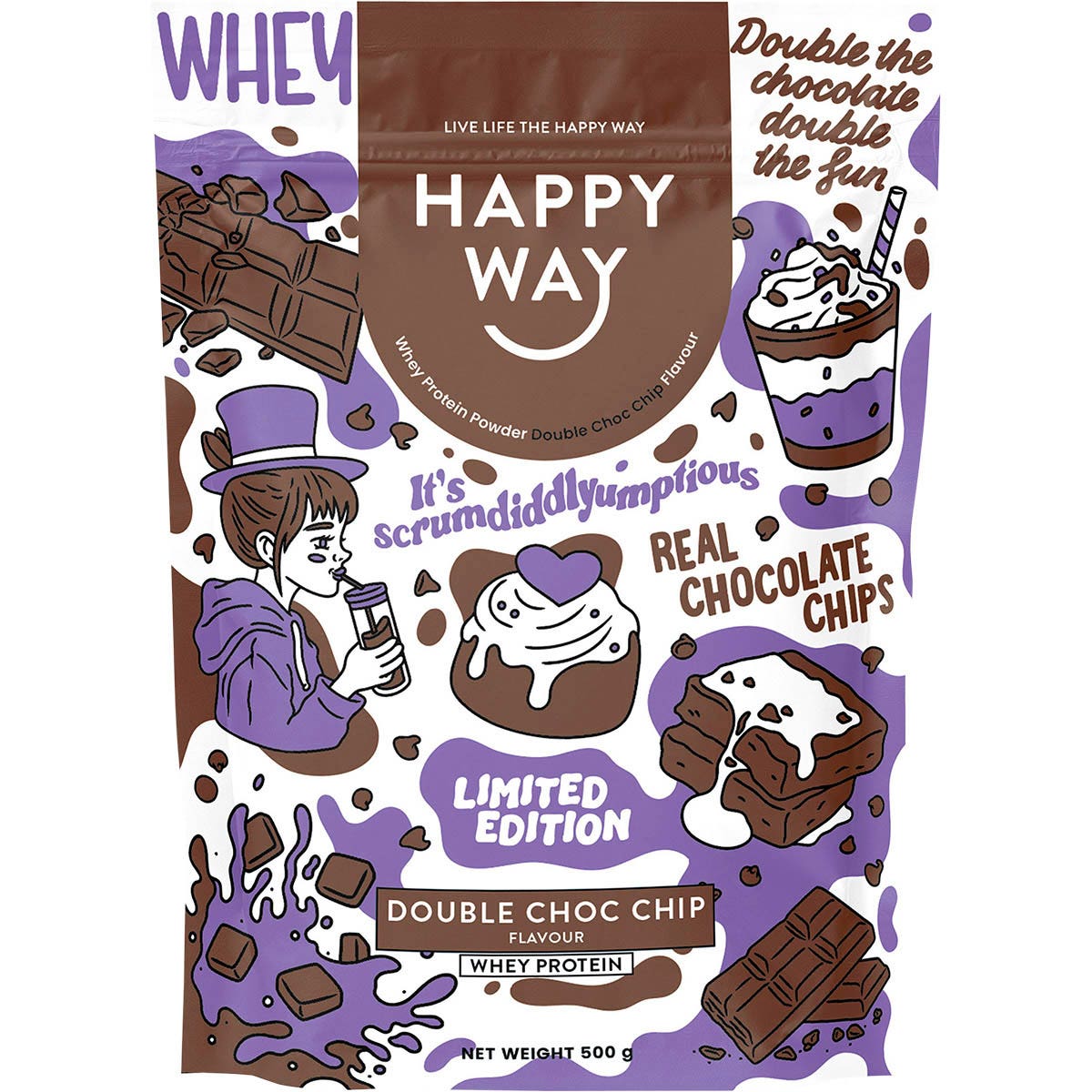Happy Way Whey Protein Powder Double Choc Chip 500g - Cutprice Online