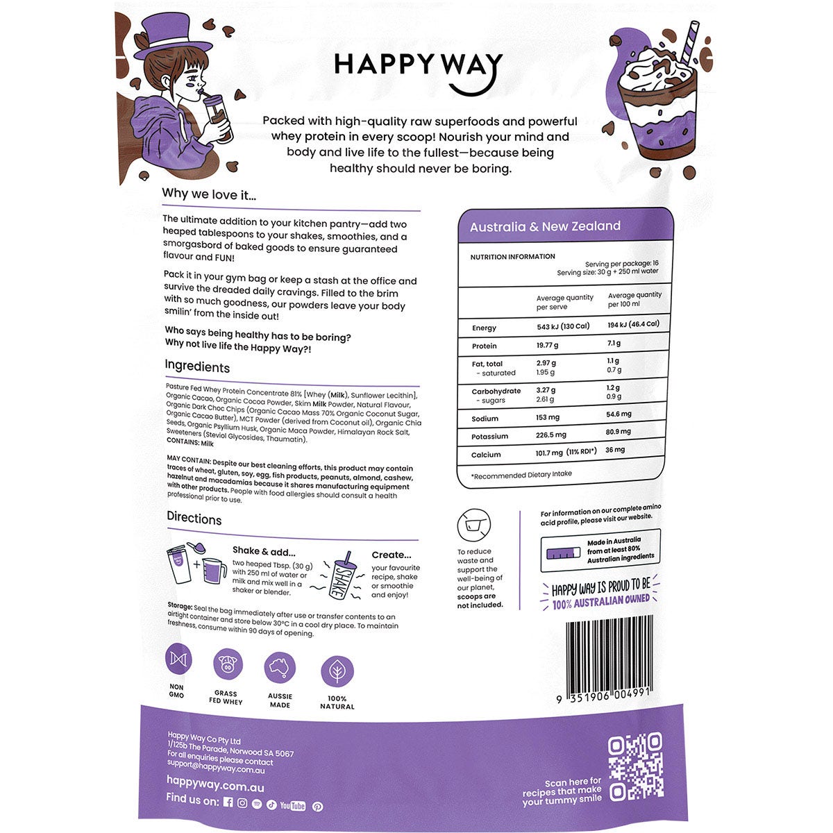 Happy Way Whey Protein Powder Double Choc Chip 500g - Cutprice Online