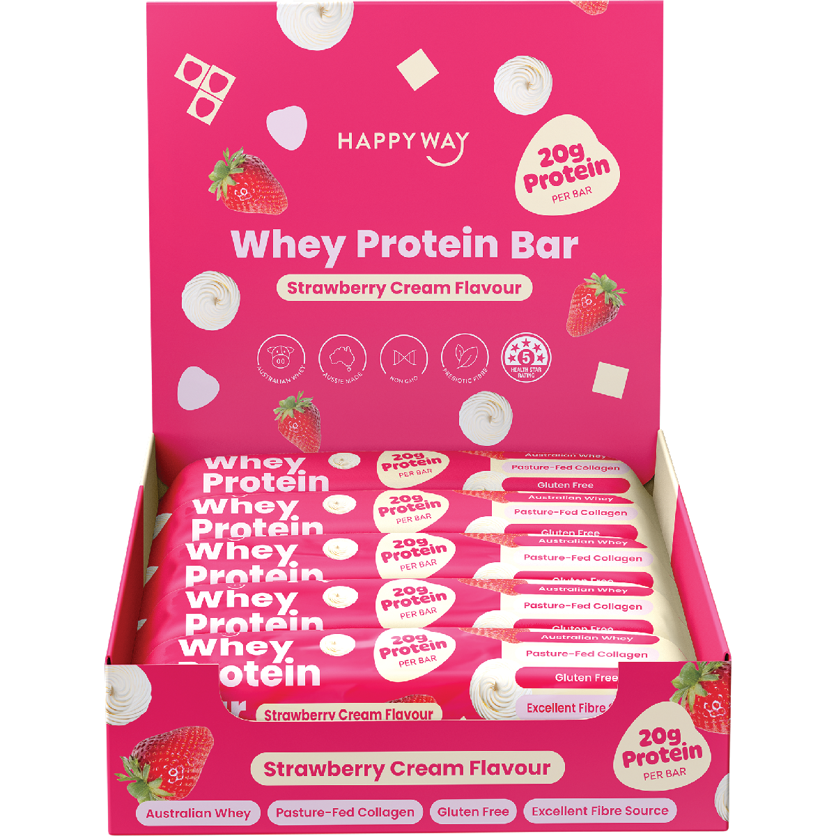 Happy Way Whey Protein Bar Strawberry Cream 60g x 10 Pack