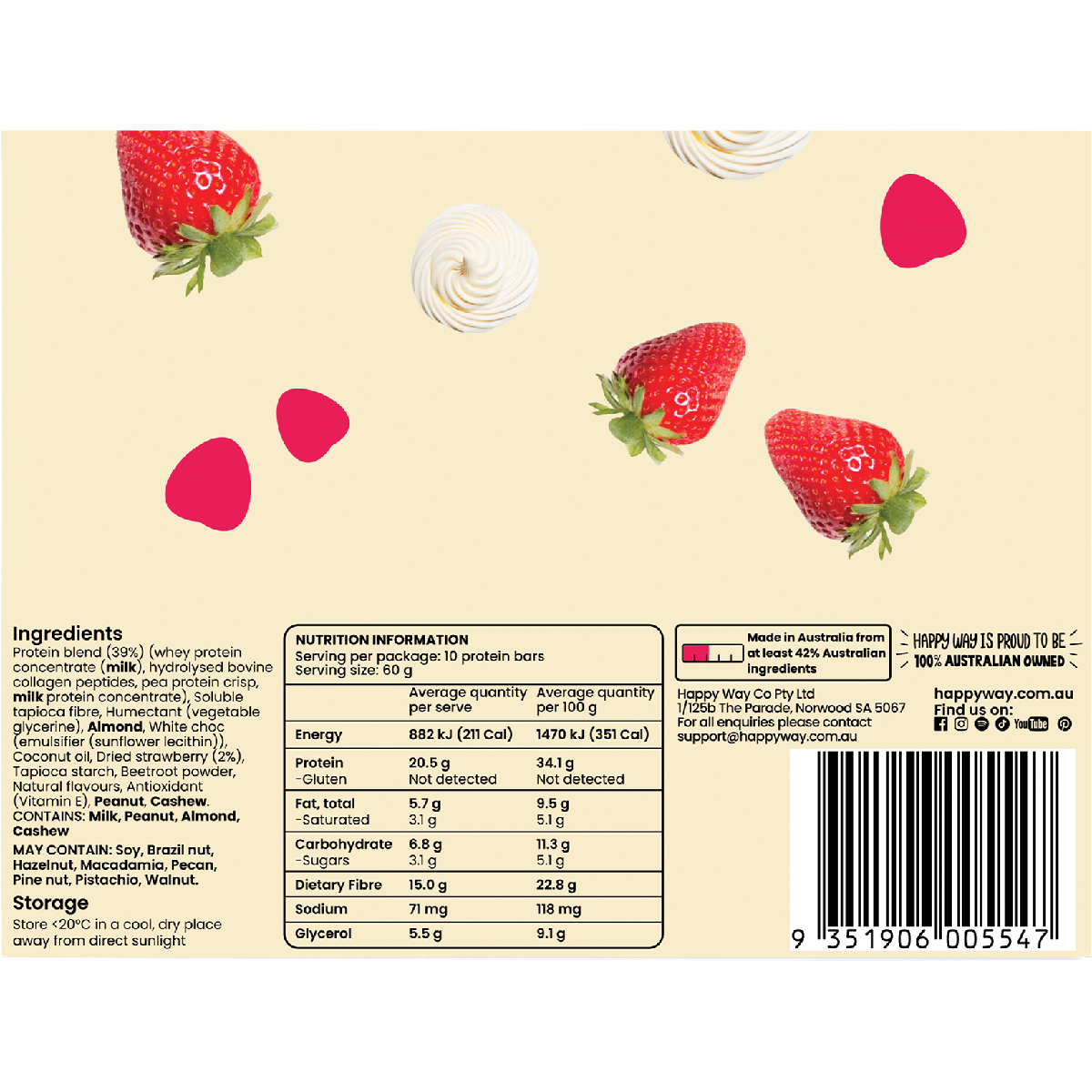 Happy Way Whey Protein Bar Strawberry Cream 60g x 10 Pack
