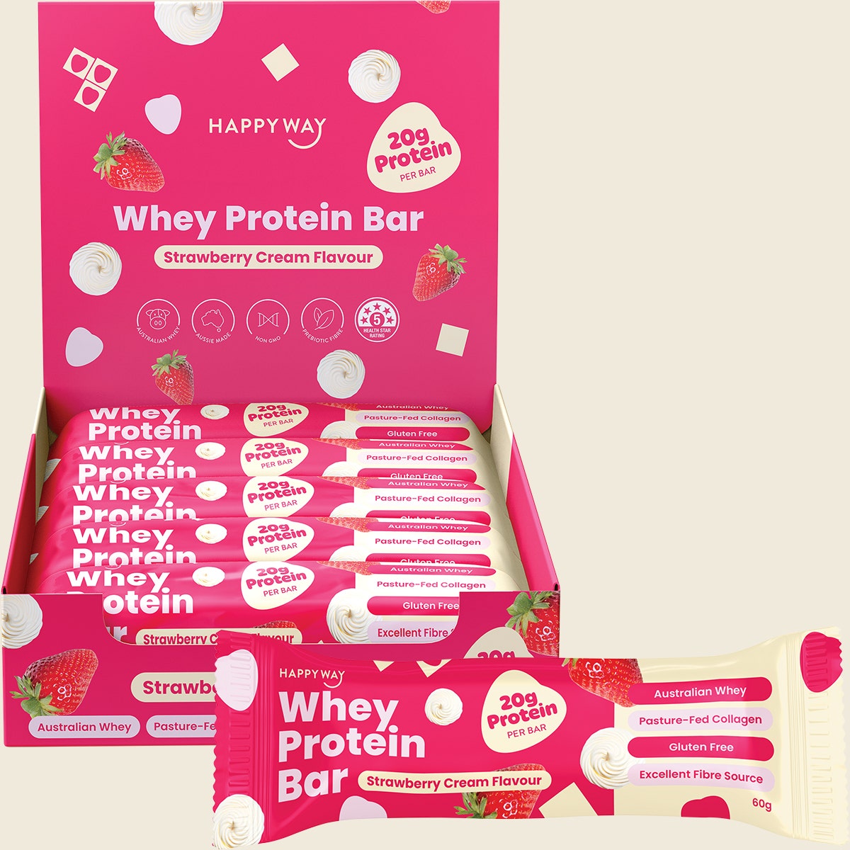 Happy Way Whey Protein Bar Strawberry Cream 10x60g