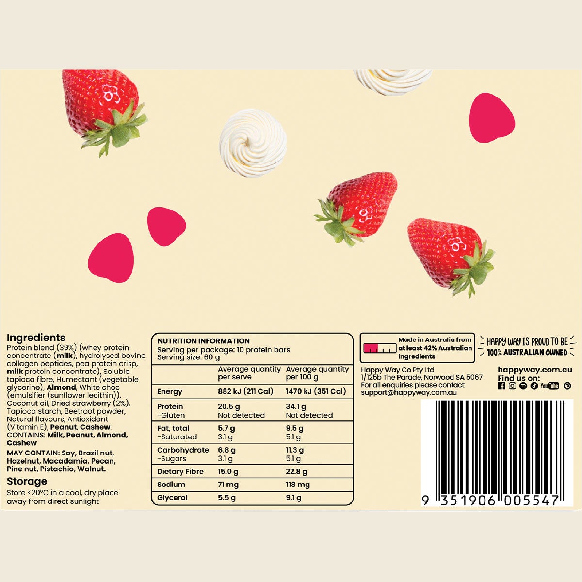 Happy Way Whey Protein Bar Strawberry Cream 10x60g