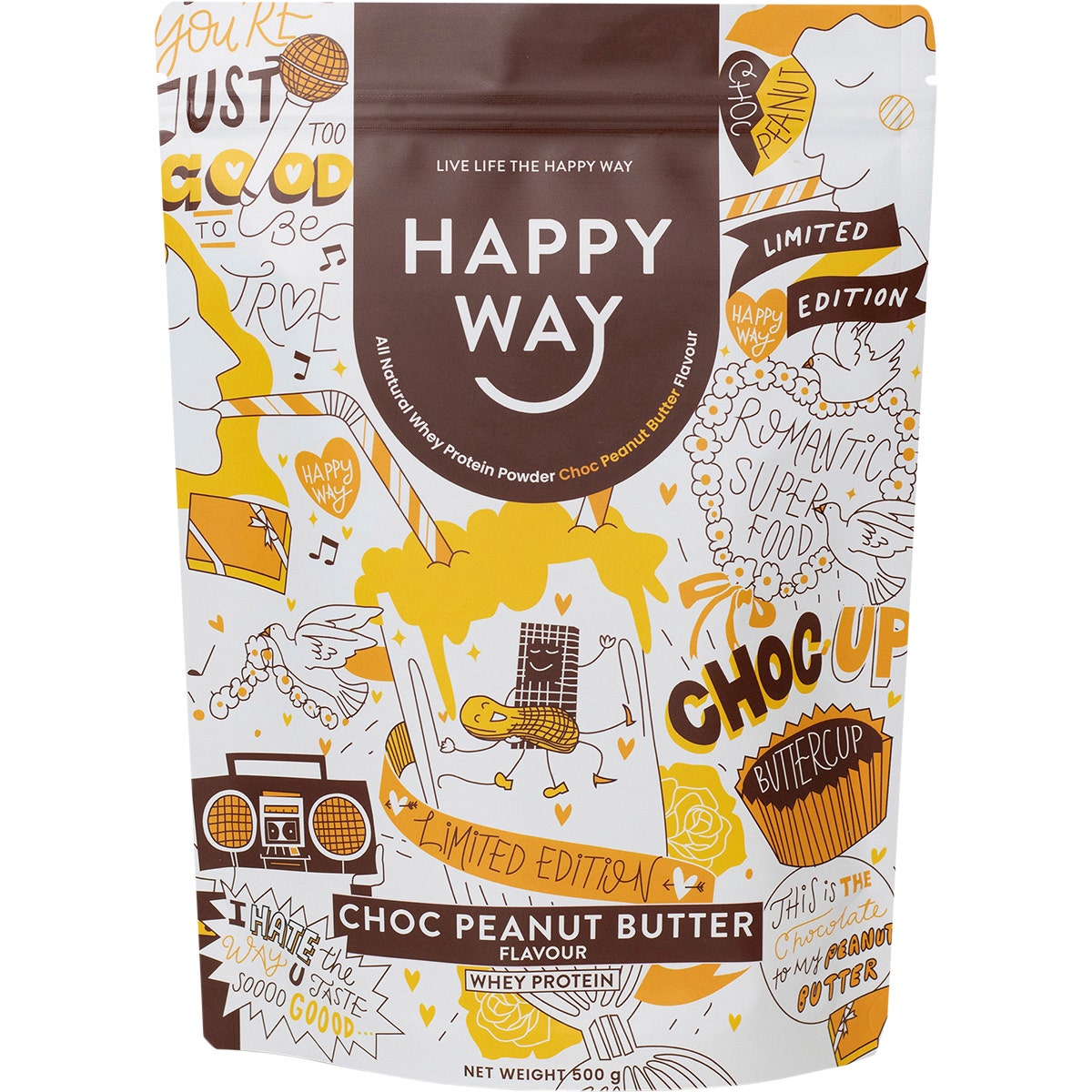 HAPPY WAY Whey Protein Powder Choc Peanut Butter 500g - Cutprice Online