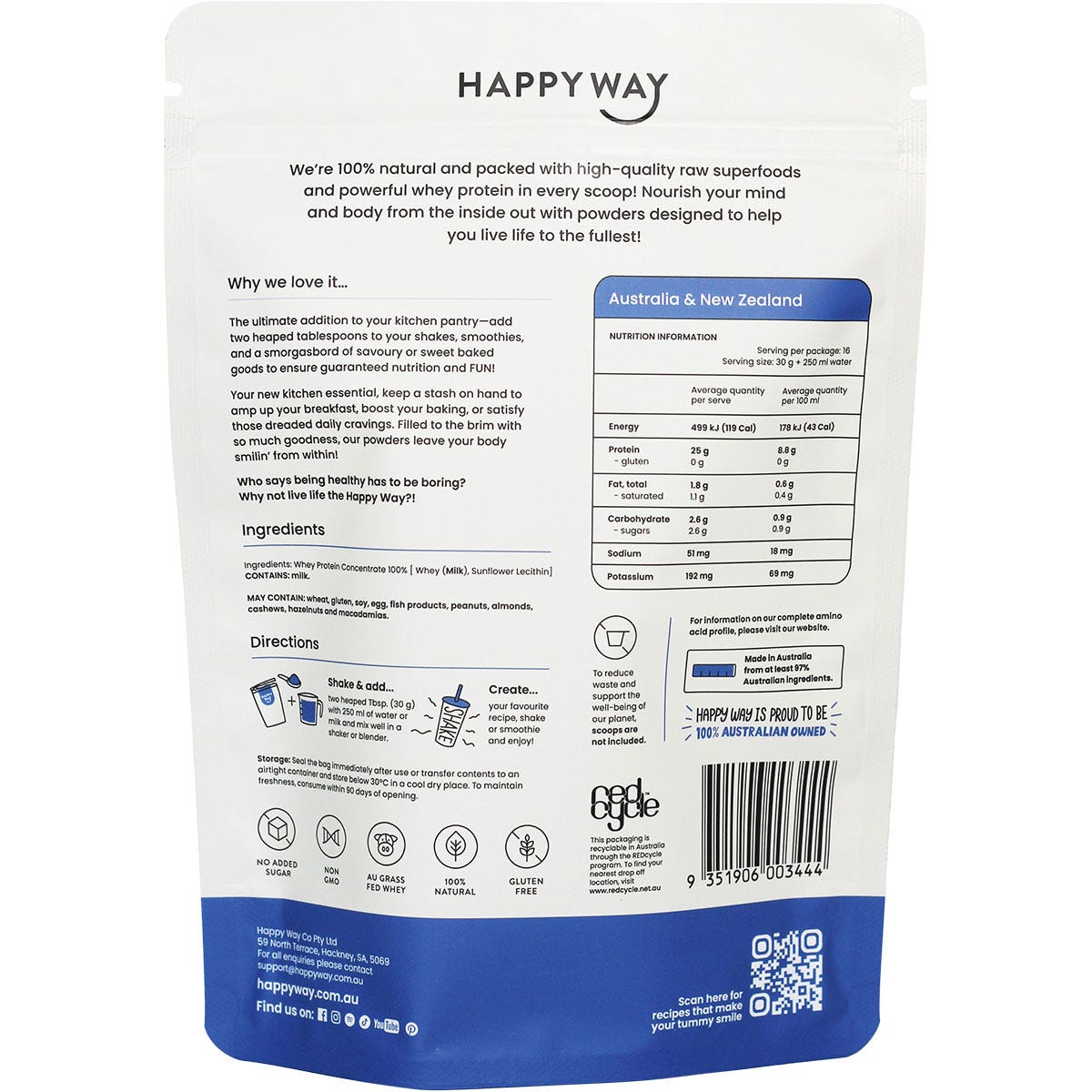 HAPPY WAY Whey Protein Powder Flavourless 500g - Cutprice Online