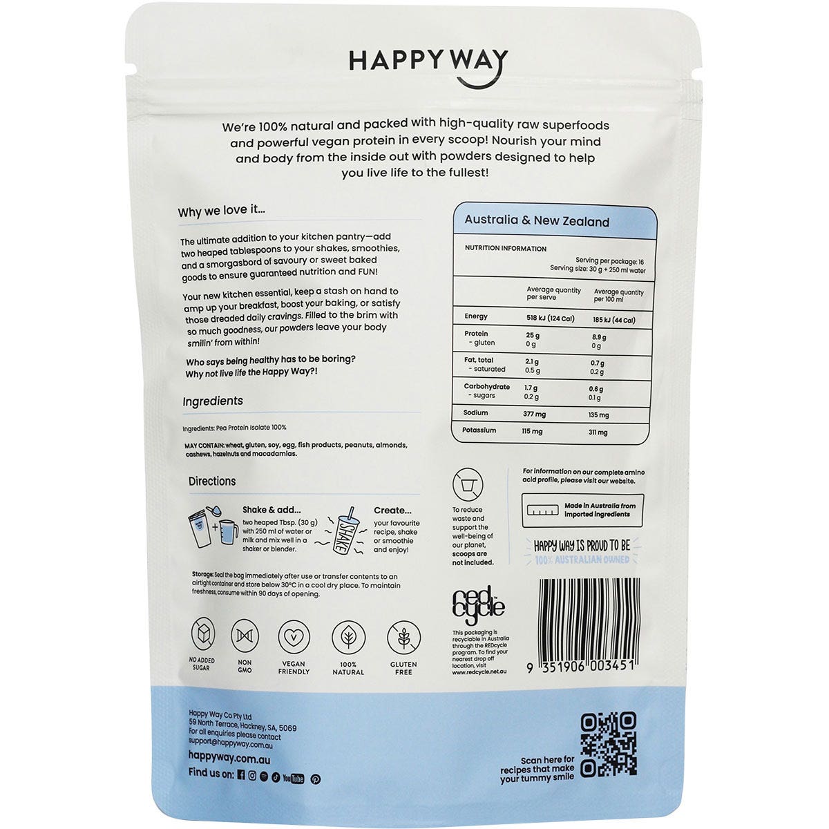 HAPPY WAY Vegan Protein Powder Flavourless 500g - Cutprice Online