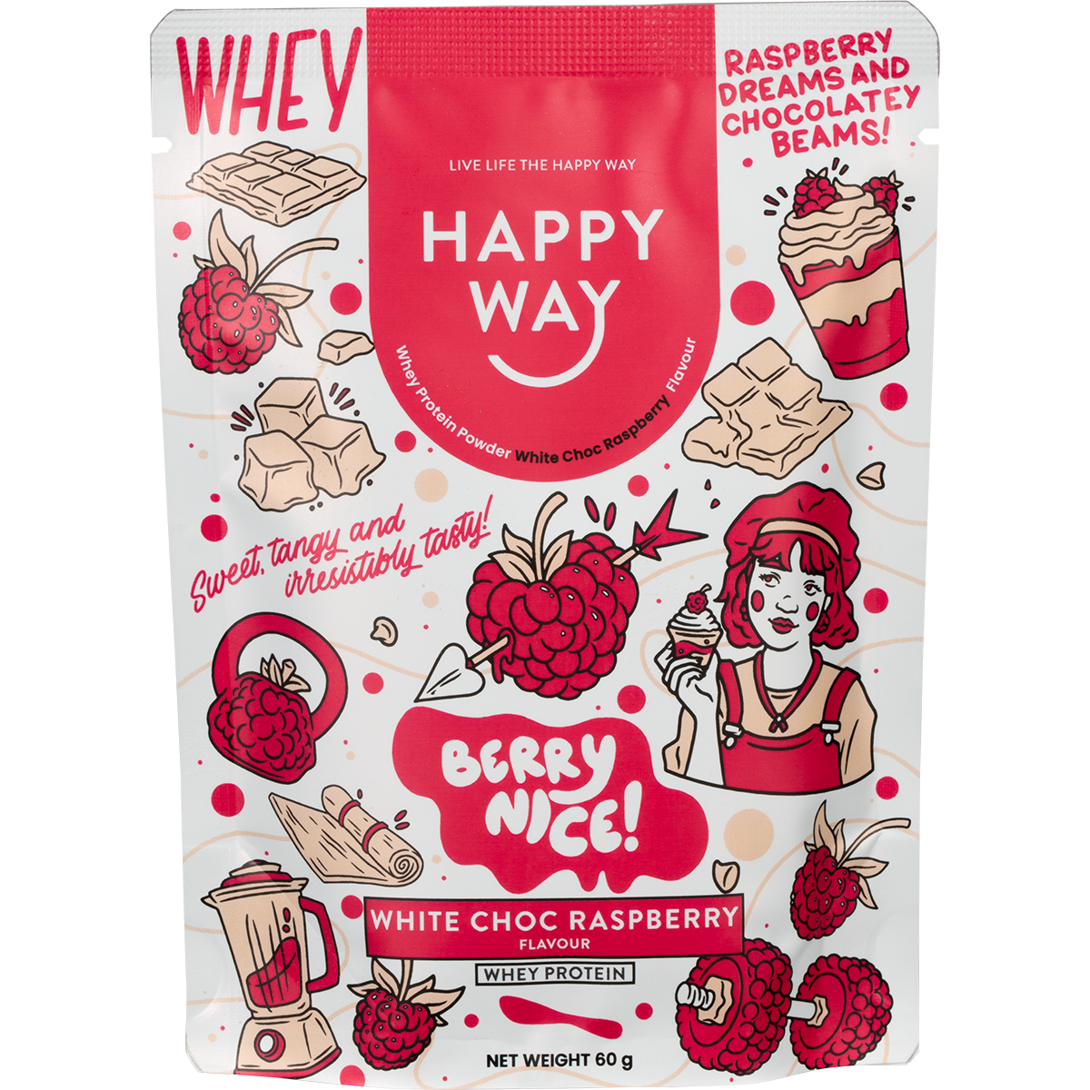 Happy Way Whey Protein Powder White Chocolate Raspberry 6x60g