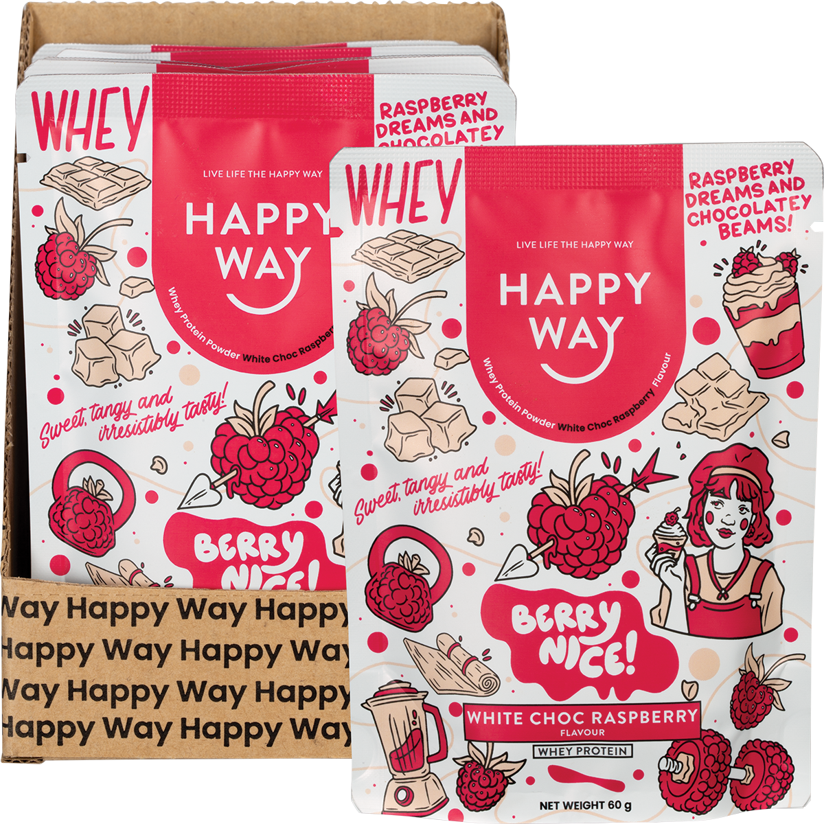 Happy Way Whey Protein Powder White Chocolate Raspberry 6x60g