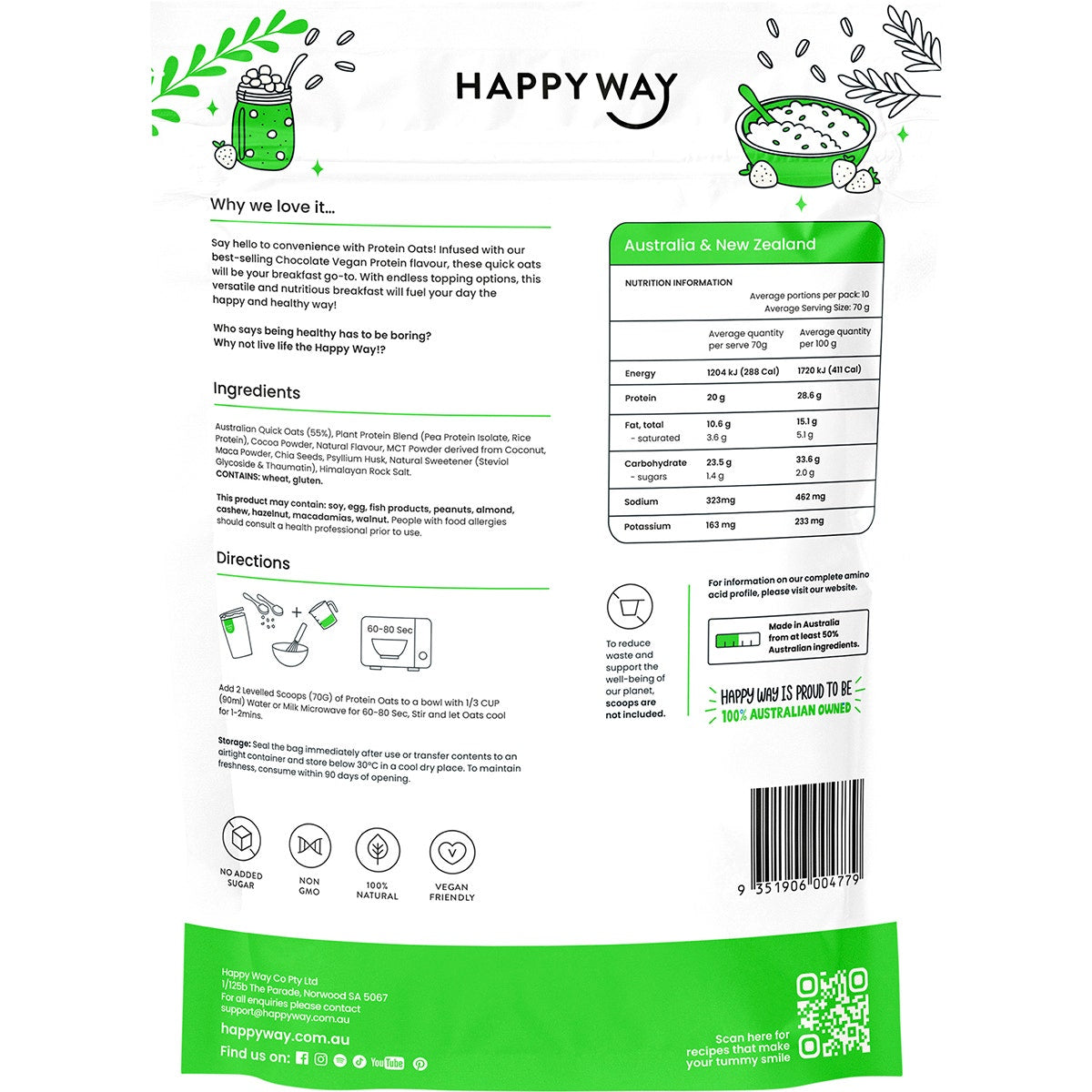 Happy Way Vegan Protein Quick Oats Chocolate 700g - Cutprice Online
