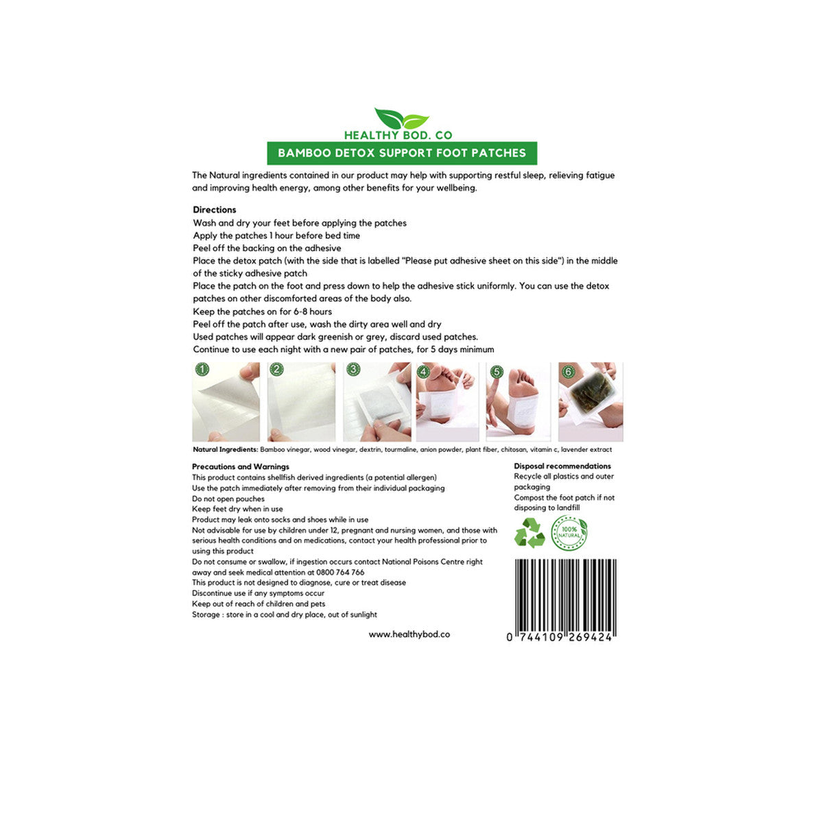 Healthy Bod. Co Detox Foot Patches Bamboo x 10 Patches (5 Pairs for 5 Day Detox) - Cutprice Online