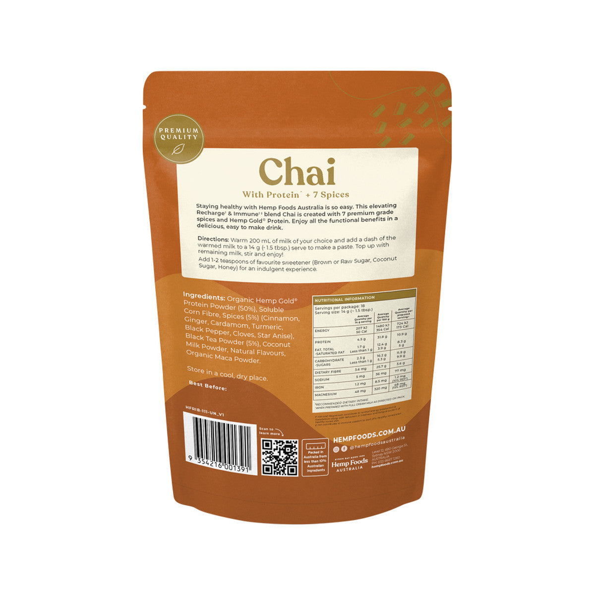 Hemp Foods Australia Chai Recharge + Immune With Protein + 7 Spices 252g - Cutprice Online