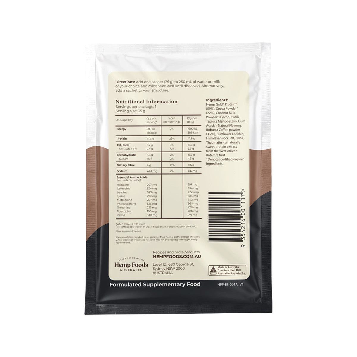 Hemp Foods Australia Hemp Protein Shake Chocolate Espresso Sachet 35g(Pack of 7) - Cutprice Online