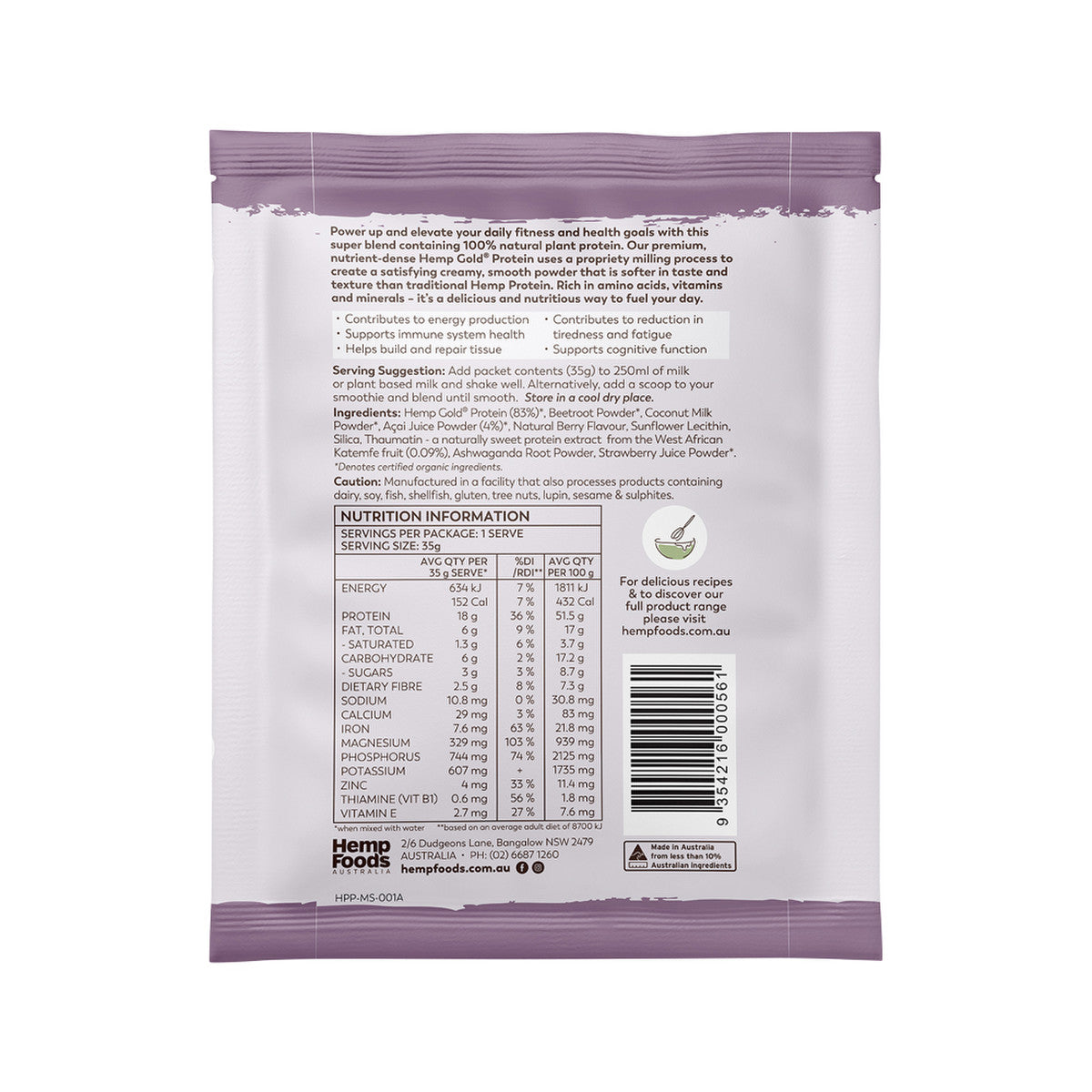 Hemp Foods Australia Organic Hemp Protein Shake Mixed Berry Sachet 35g (Pack of 7) - Cutprice Online