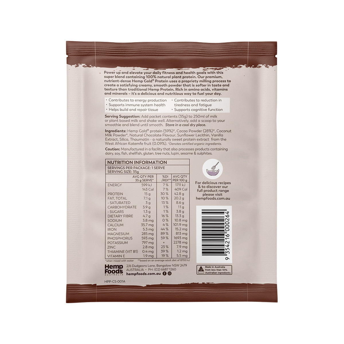 Hemp Foods Australia Organic Hemp Protein Shake Chocolate Sachet 35g (Pack of 7) - Cutprice Online