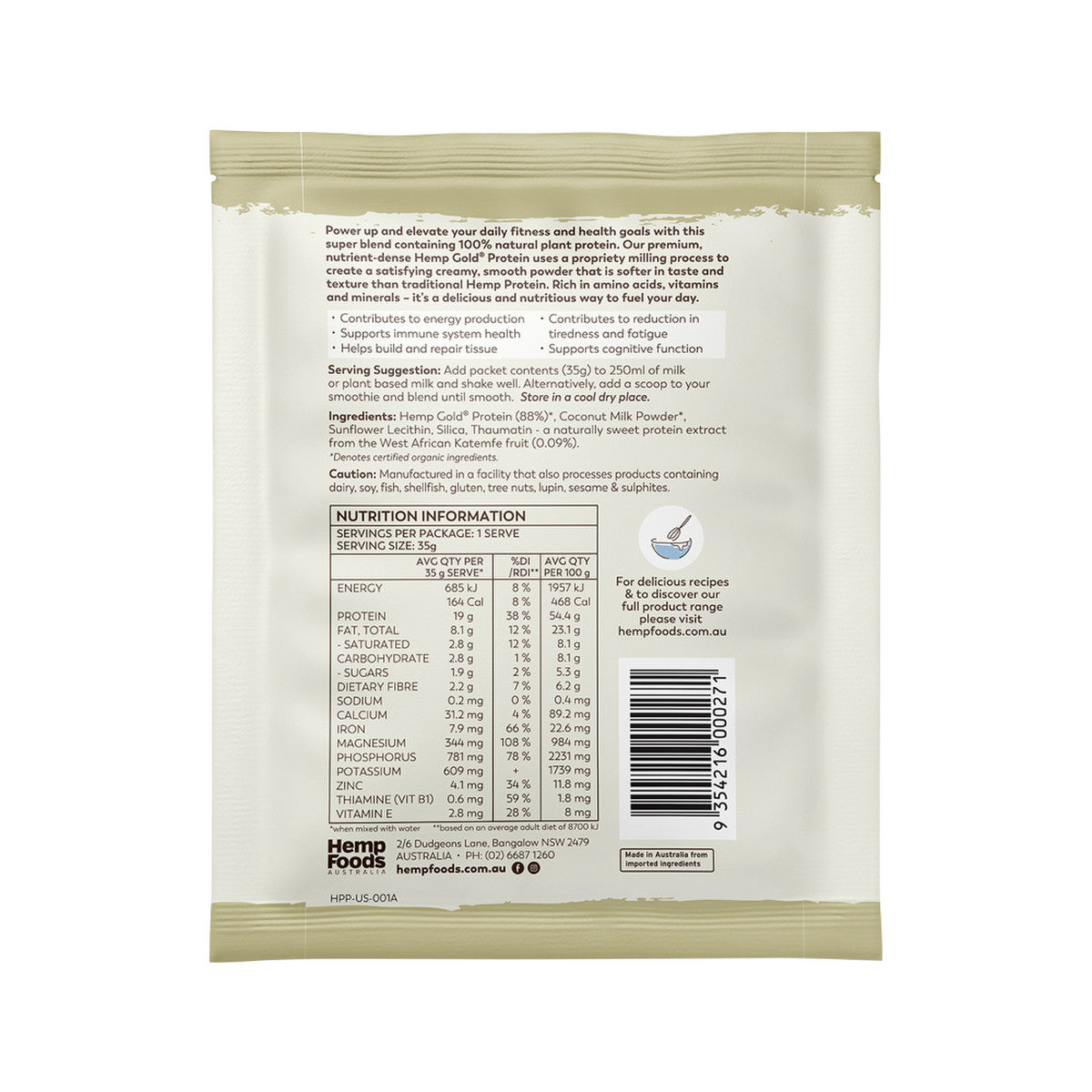 Hemp Foods Australia Organic Hemp Protein Shake Natural Sachet 35g (Pack of 7) - Cutprice Online