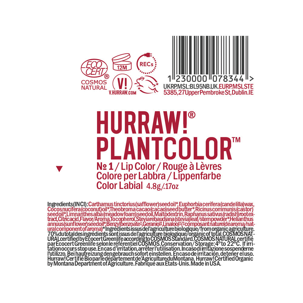 Hurraw! Organic Lip Colour Plant Colour No1 4.8 GM