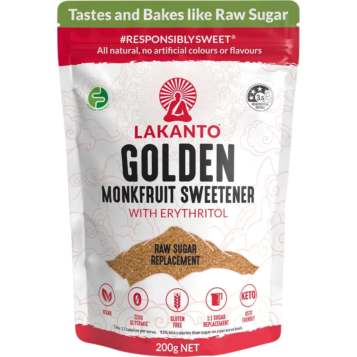 LAKANTO Golden - Monkfruit Sweetener Raw Cane Sugar Replacement 200g LAKANTO