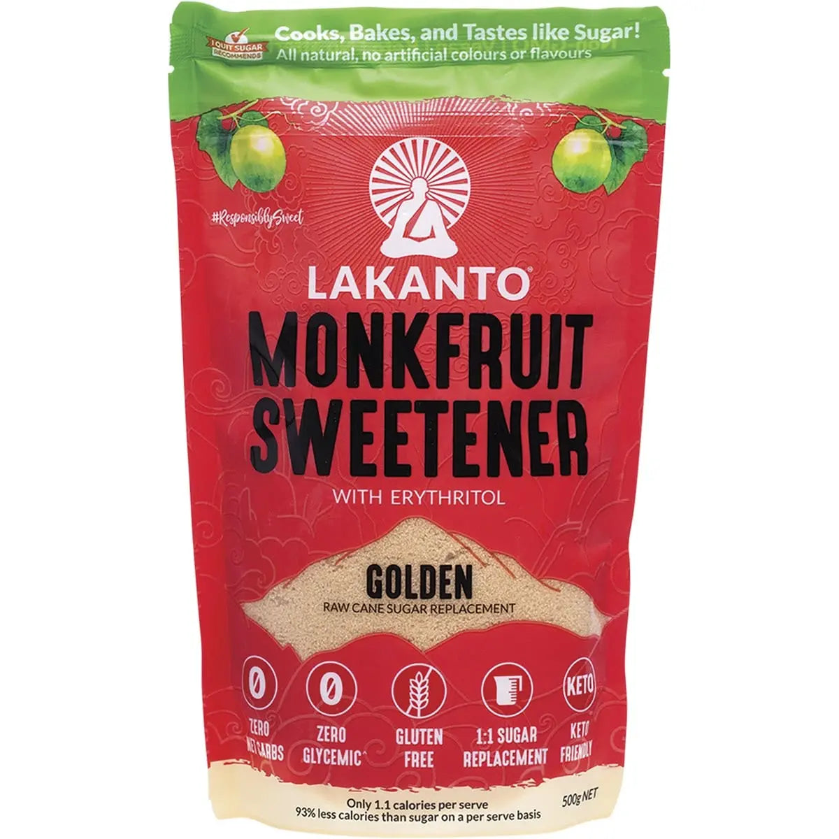 LAKANTO Golden - Monkfruit Sweetener Raw Cane Sugar Replacement 500g LAKANTO