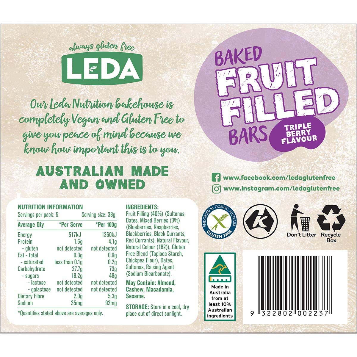 Leda Baked Fruit Filled Bars Triple Berry Multipack 6x190g LEDA