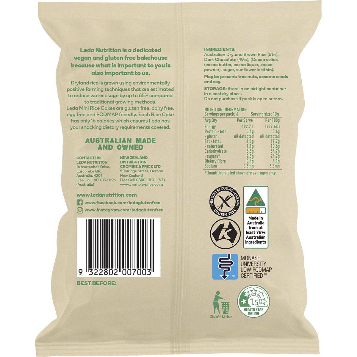 Leda Rice Cakes Mini Dark Chocolate 60g (Pack of 6) - Cutprice Online
