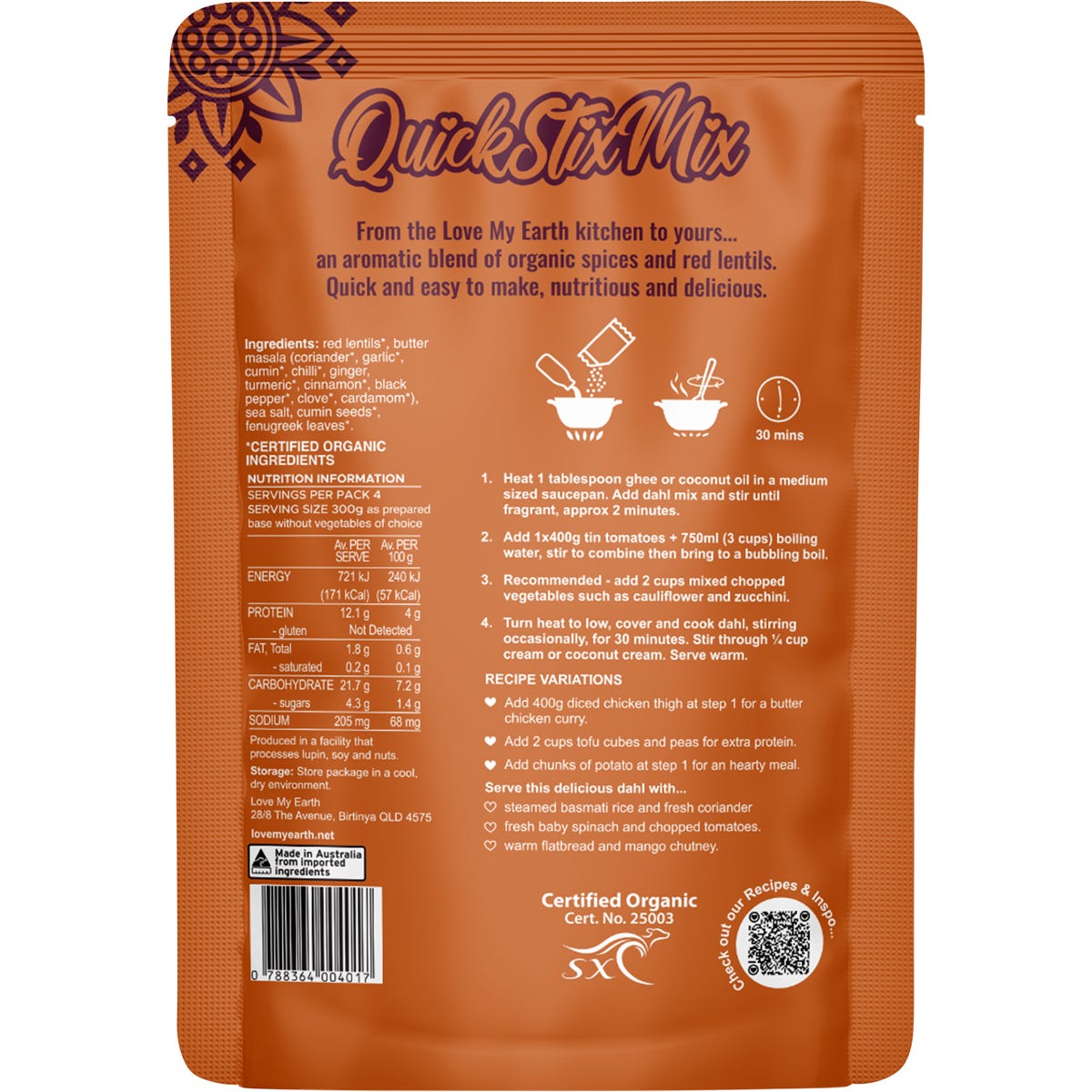 Love My Earth Quick Stix Mix Organic Dahl Butter Masala 200g - Cutprice Online