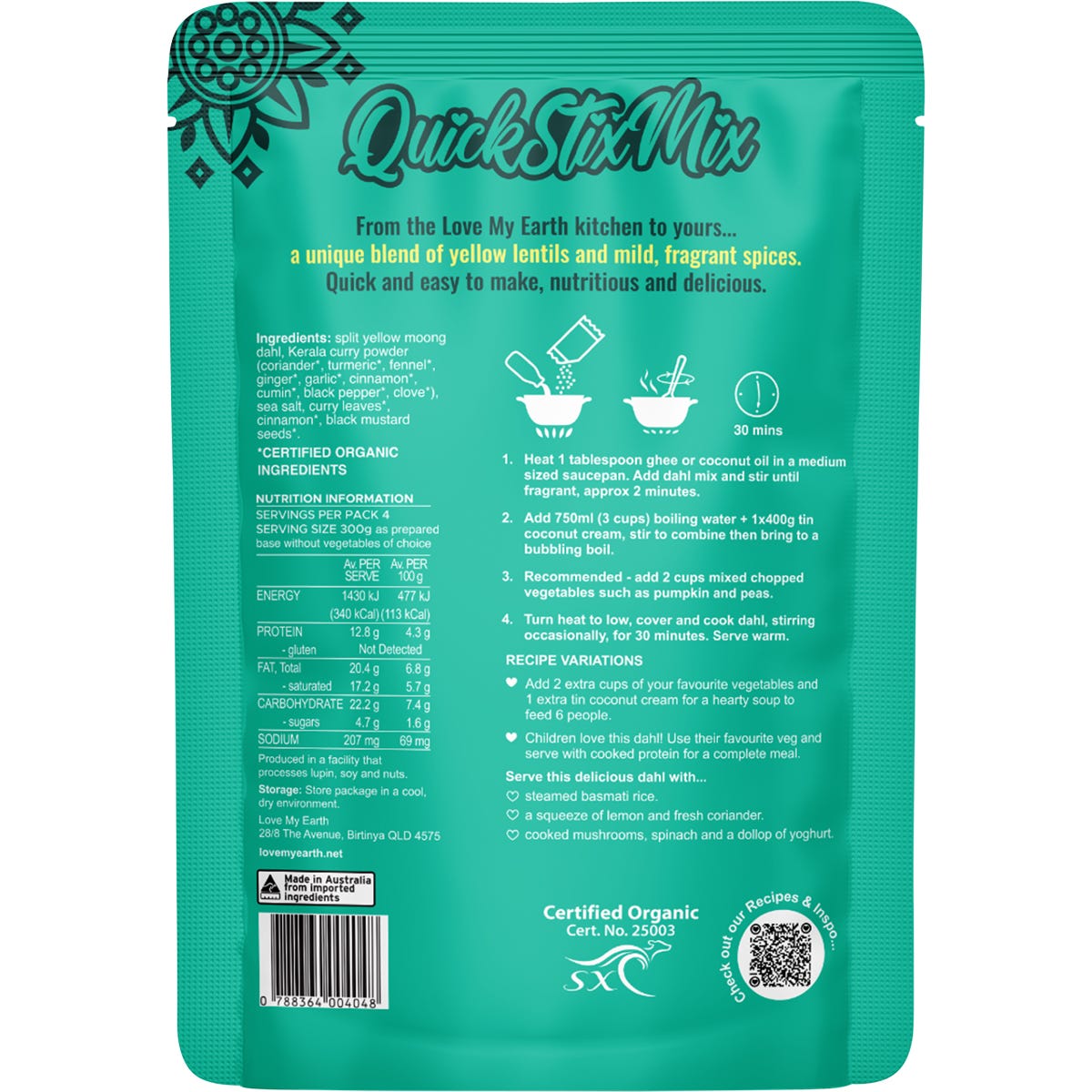 Love My Earth Quick Stix Mix Organic Dahl Creamy Coconut 200g - Cutprice Online