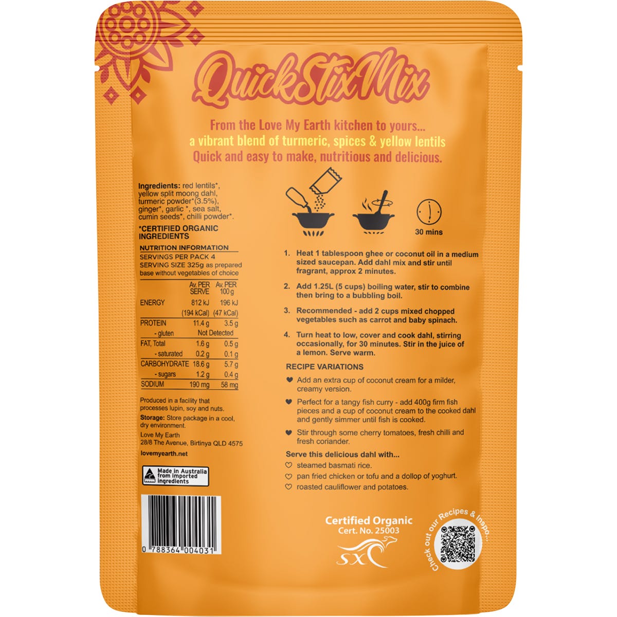 Love My Earth Quick Stix Mix Organic Dahl Zesty Turmeric 200g - Cutprice Online