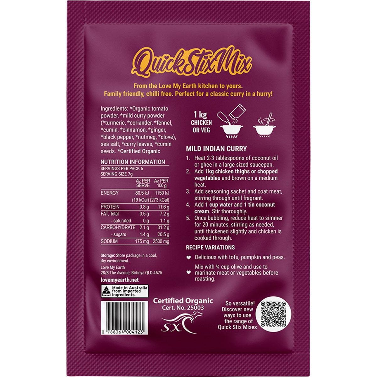 Love My Earth Quick Stix Mix Organic Recipe Base Mild Indian Curry 10x45g - Cutprice Online