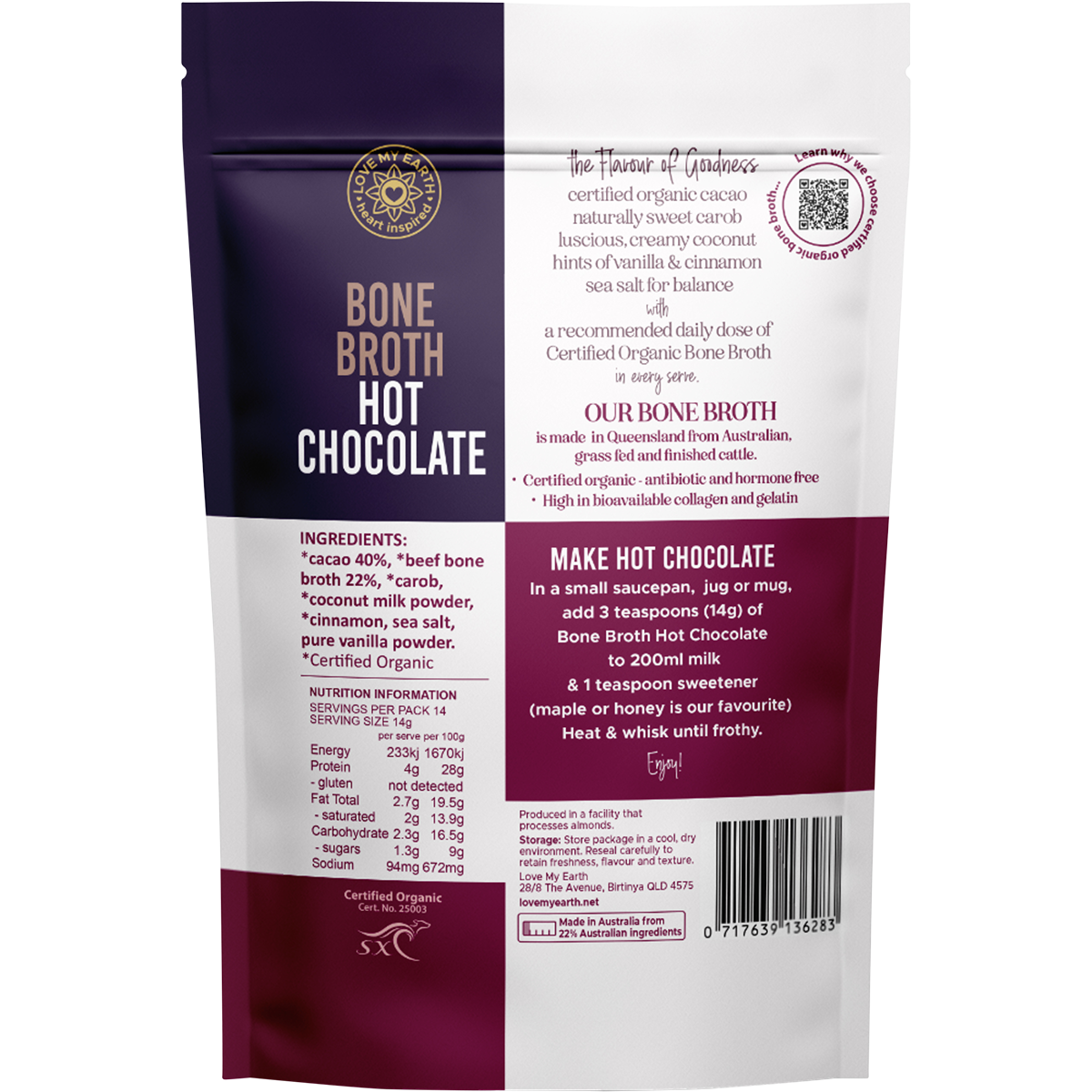 Love My Earth Organic Bone Broth Hot Chocolate 196g