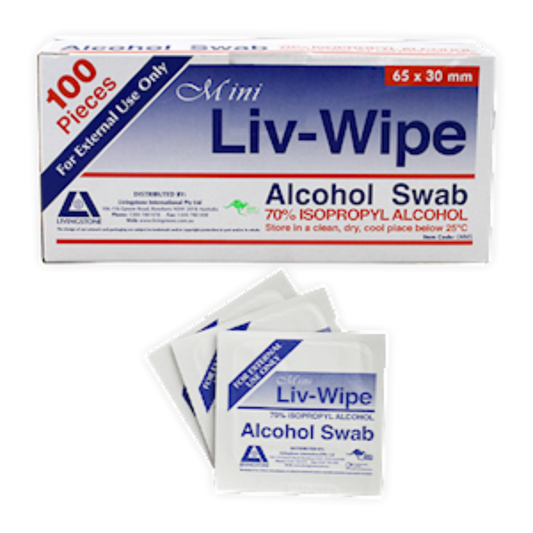 Liv-Wipe Alcohol Wipes Mini Alcohol Swabs (65 x 30mm) x 100 Sheets Box - Cutprice Online