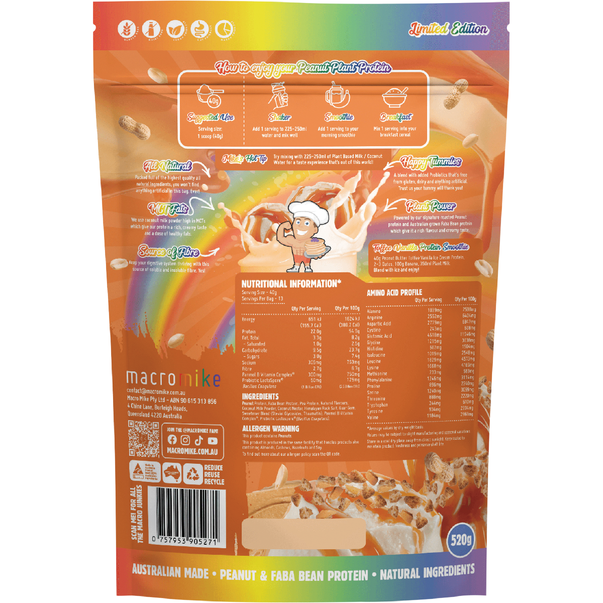 Macro Mike Peanut Plant Protein Peanut Butter Toffee Vanilla Cream 520g