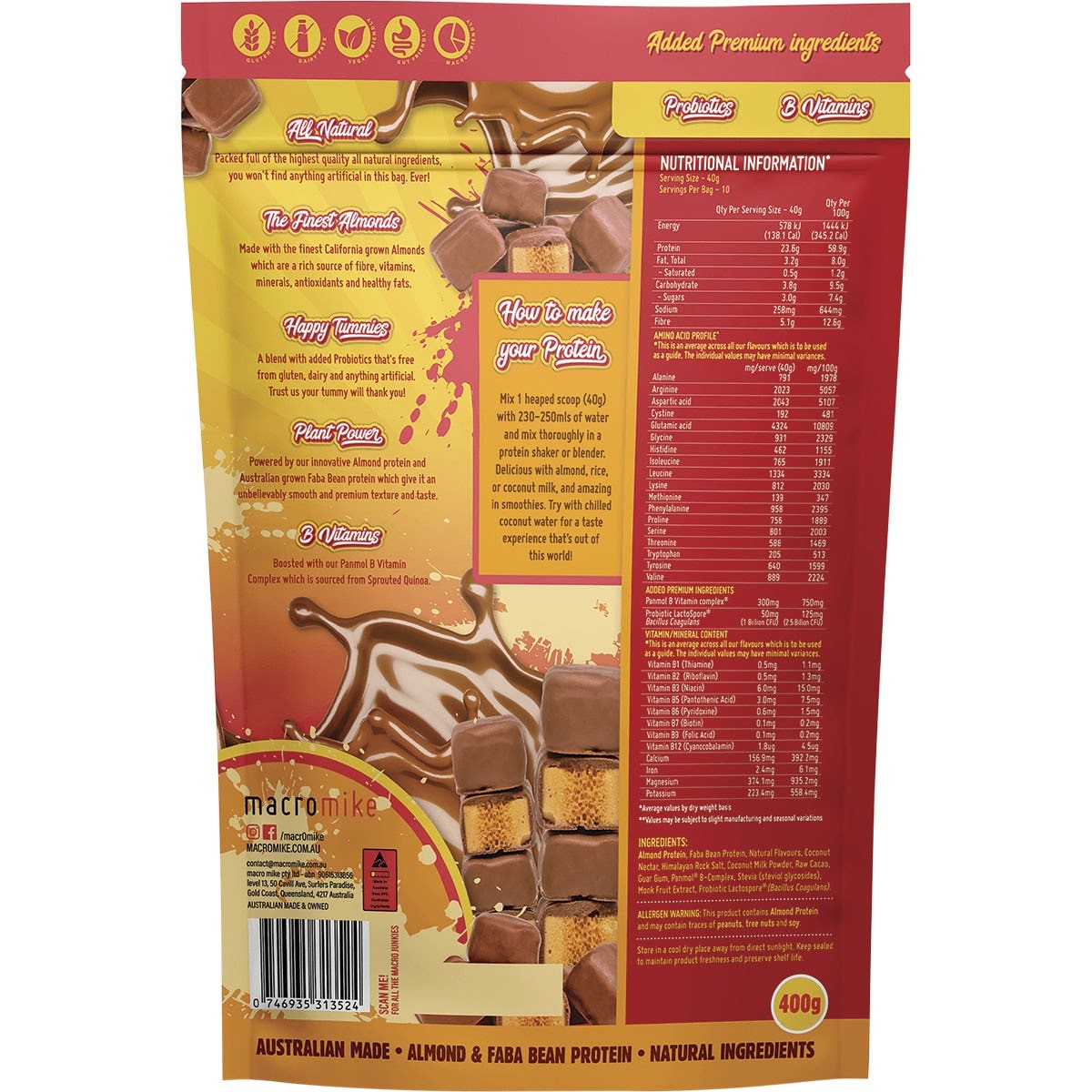 MACRO MIKE Premium Almond Protein Choc Honeycomb 400g MACRO MIKE