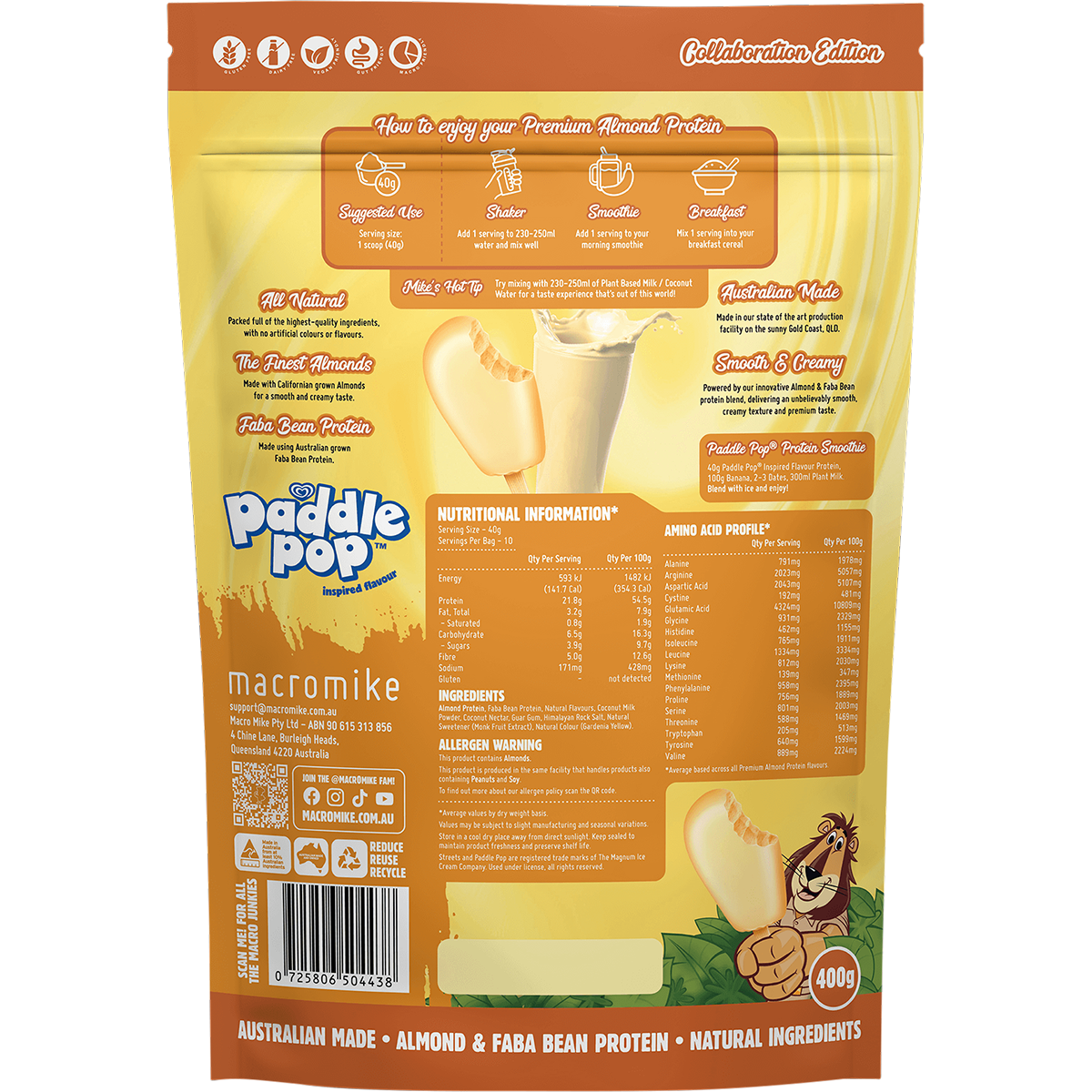 Macro Mike x Streets Almond Protein Banana Paddle Pop Inspired 400g