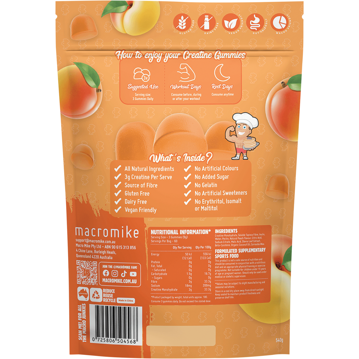 Macro Mike Creatine Gummies Peach Lolly 180 Pack