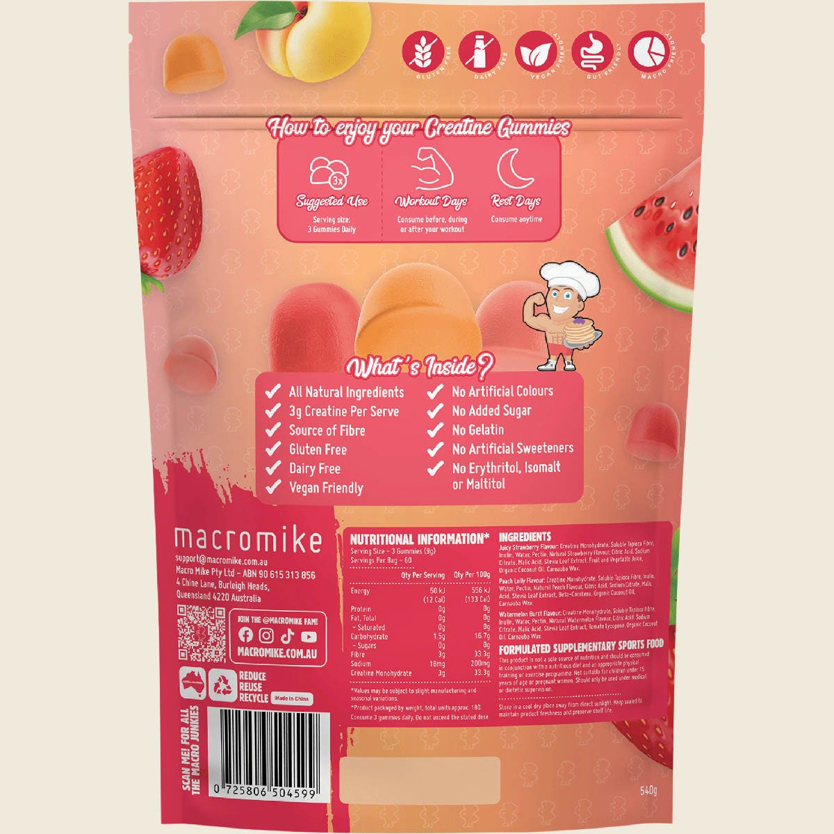 Macro Mike Creatine Gummies Triple Flavour Burst 180pcs