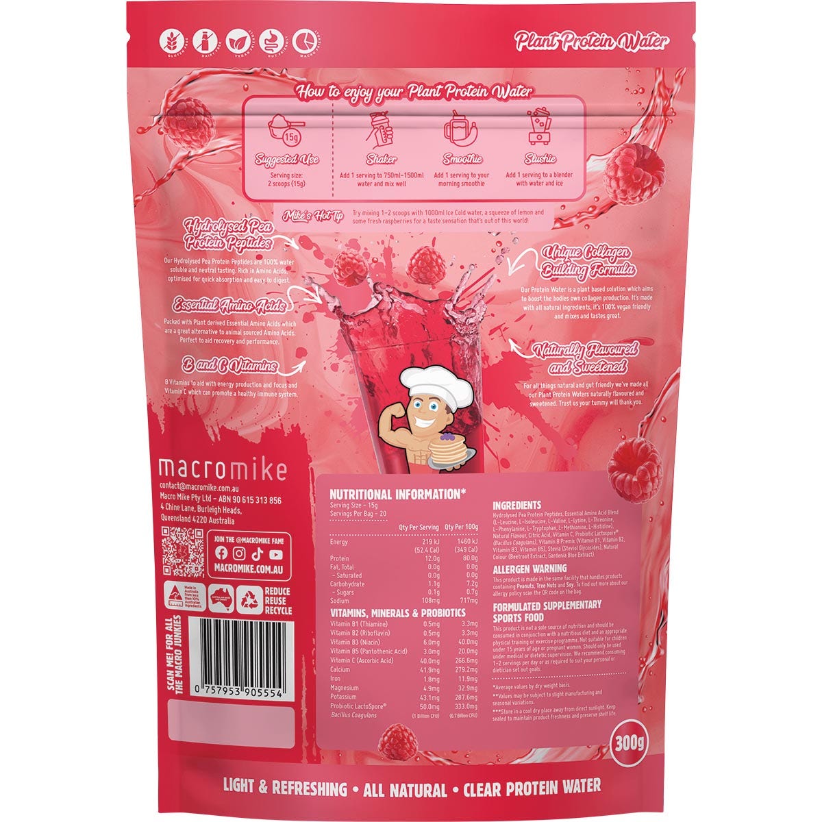 MACRO MIKE Plant Protein Water Red Raspberry 300g - Cutprice Online