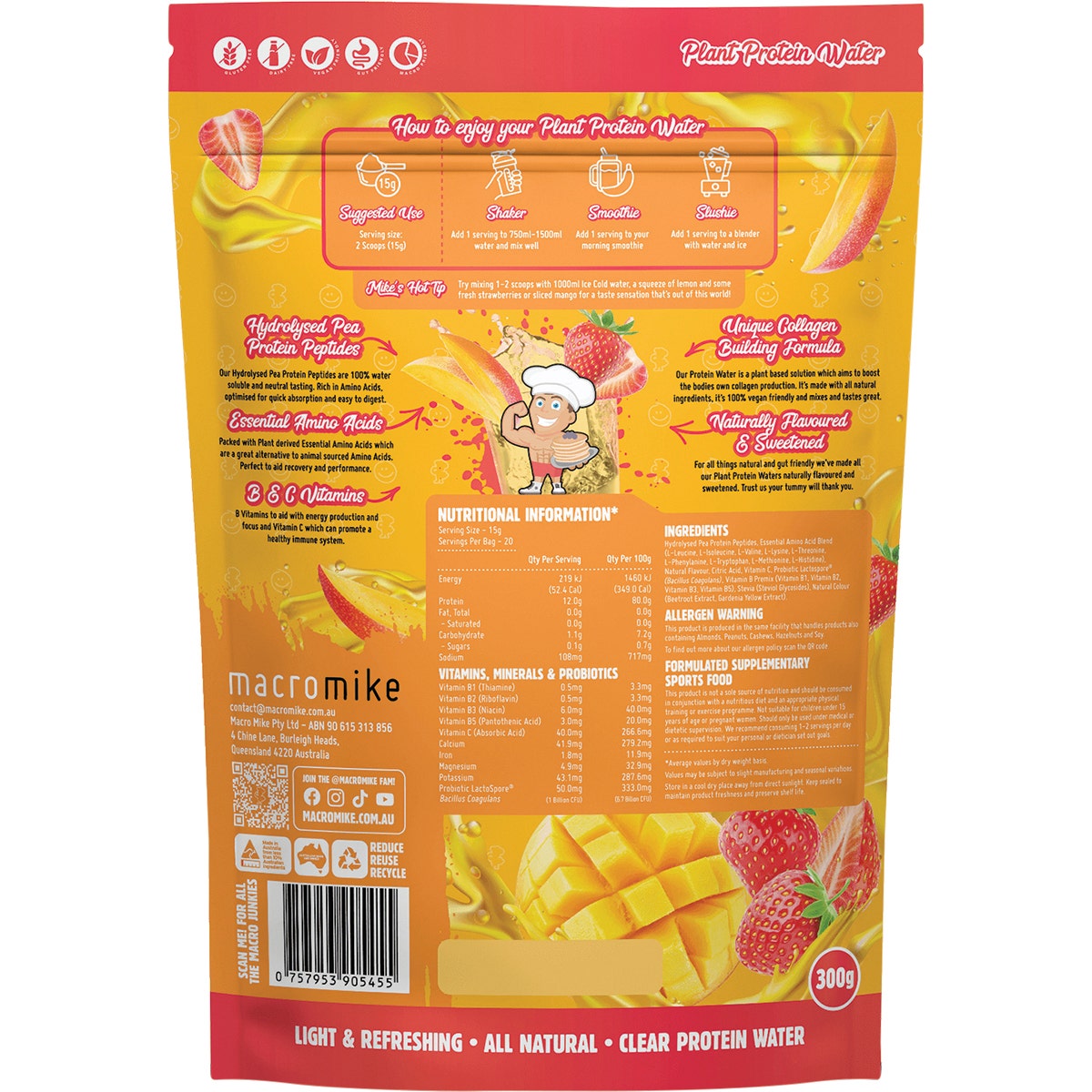 MACRO MIKE Plant Protein Water Strawberry Mango 300g - Cutprice Online