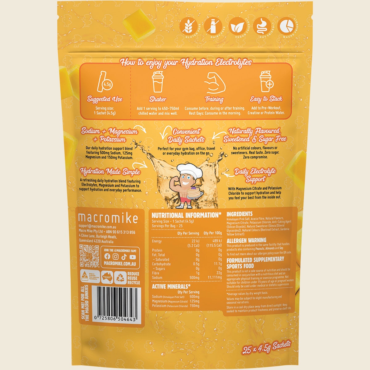 Macro Mike Hydration Electrolytes Sachets Tropical Mango Slush 25x4.5g