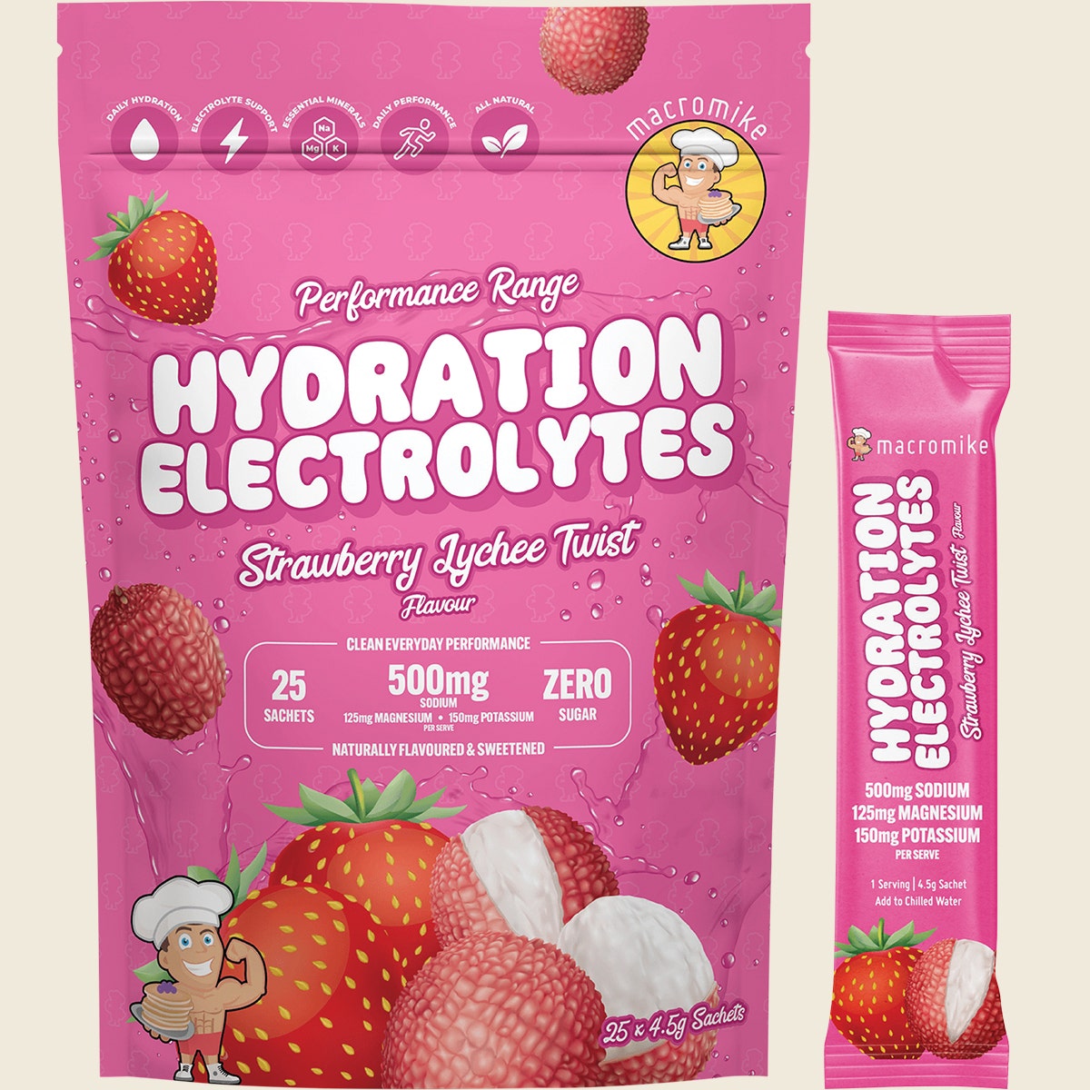 Macro Mike Hydration Electrolytes Sachets Strawberry Lychee 25x4.5g