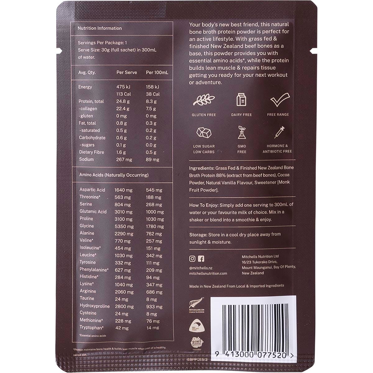 Mitchells Nutrition Bone Broth Protein Powder Chocolate 10x30g