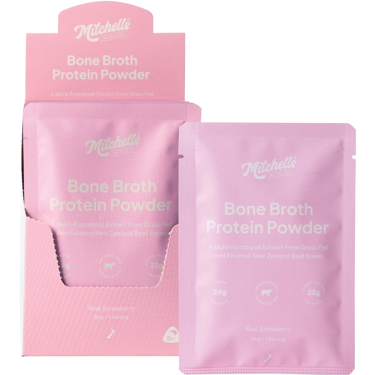 Mitchells Nutrition Bone Broth Protein Powder Real Strawberry 10x30g - Cutprice Online