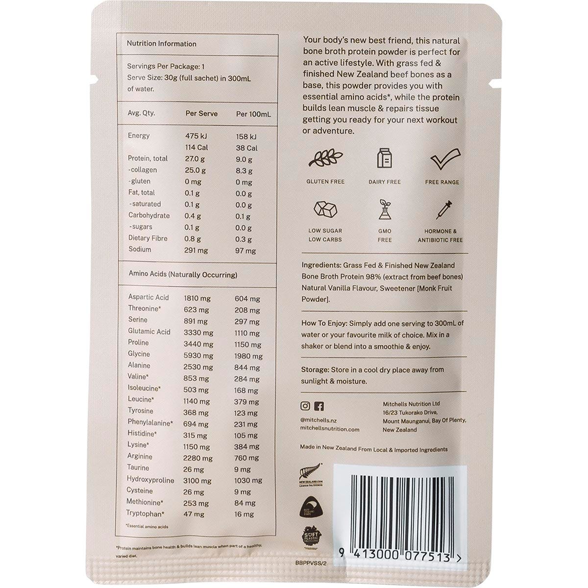 Mitchells Nutrition Bone Broth Protein Powder Vanilla 10x30g - Cutprice Online