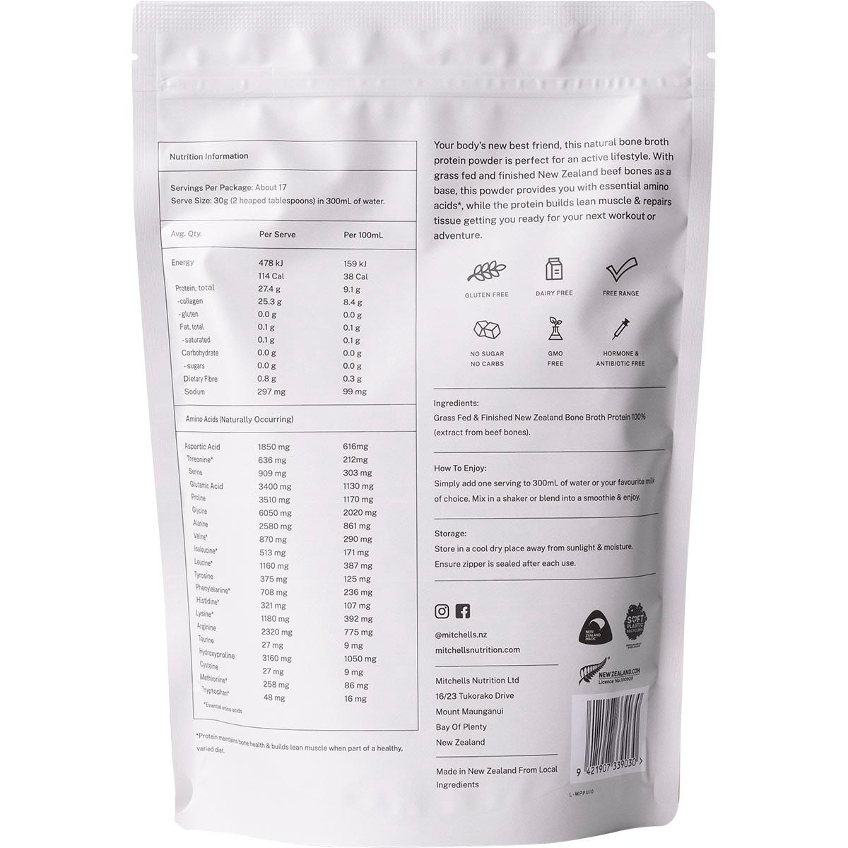 Mitchells Nutrition Bone Broth Protein Powder Unflavoured 500g - Cutprice Online